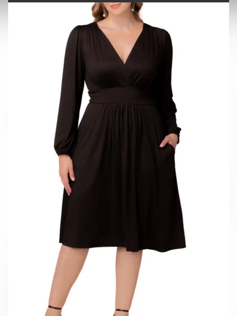 Kersh Black V-Neck Long Sleeve Midi stretch Dress